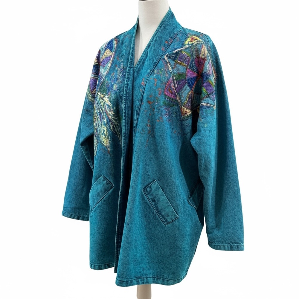 Vintage Sundance Maria Santa Fe Hand Painted Stonewashed Denim Jacket L USA